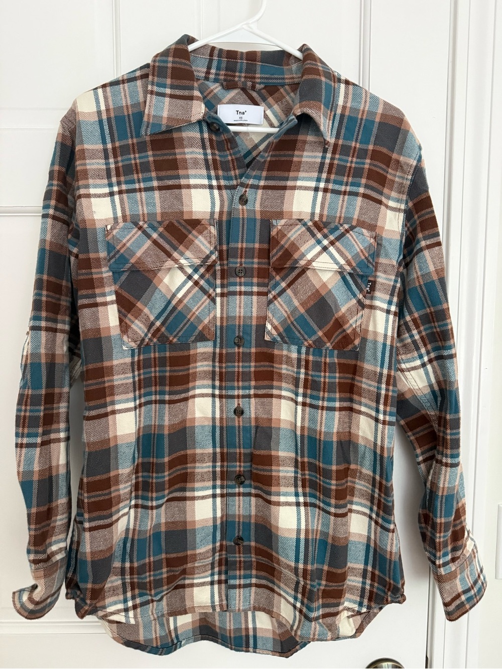 TNA Plaid Button-Down Shirt in Brown, Teal & Cream